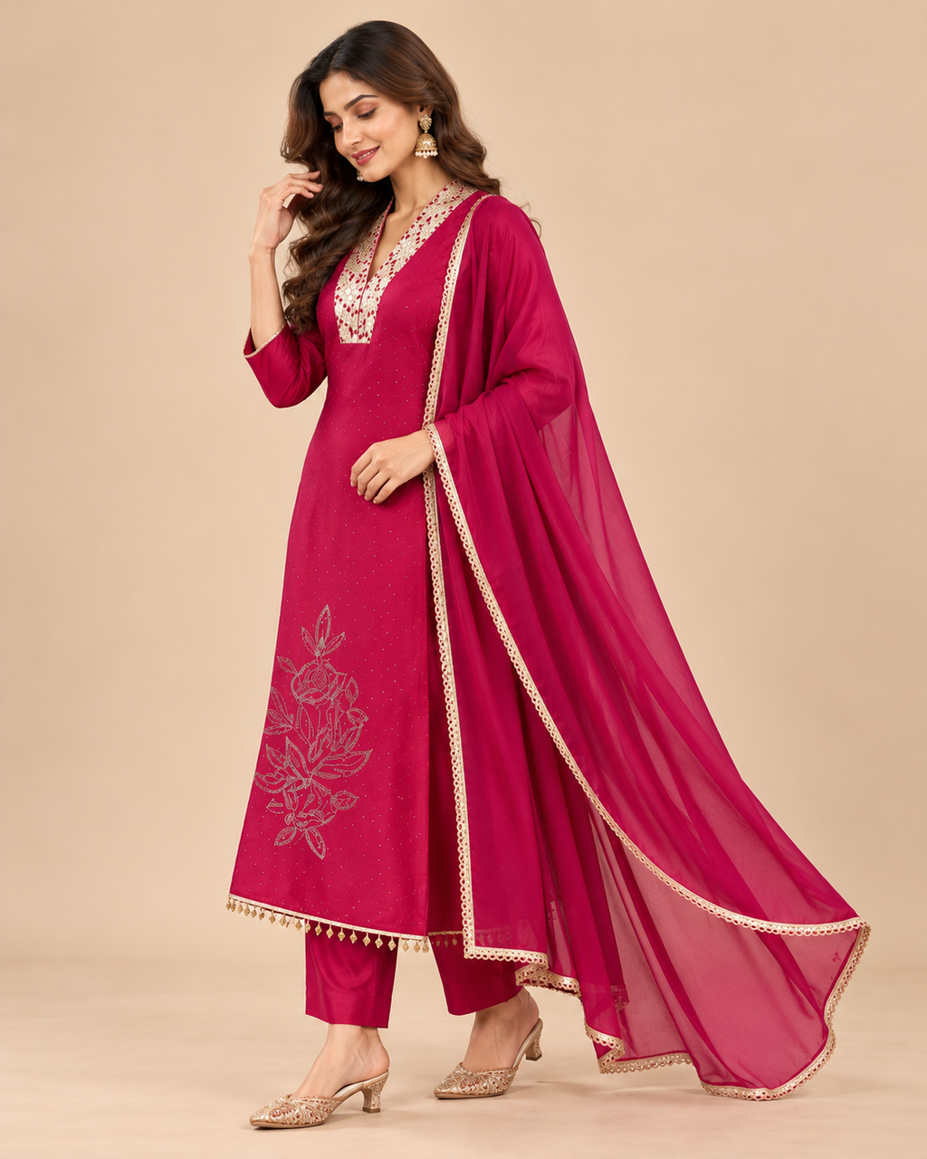Magenta Gold Embroidered 3-Piece Kurti Set
