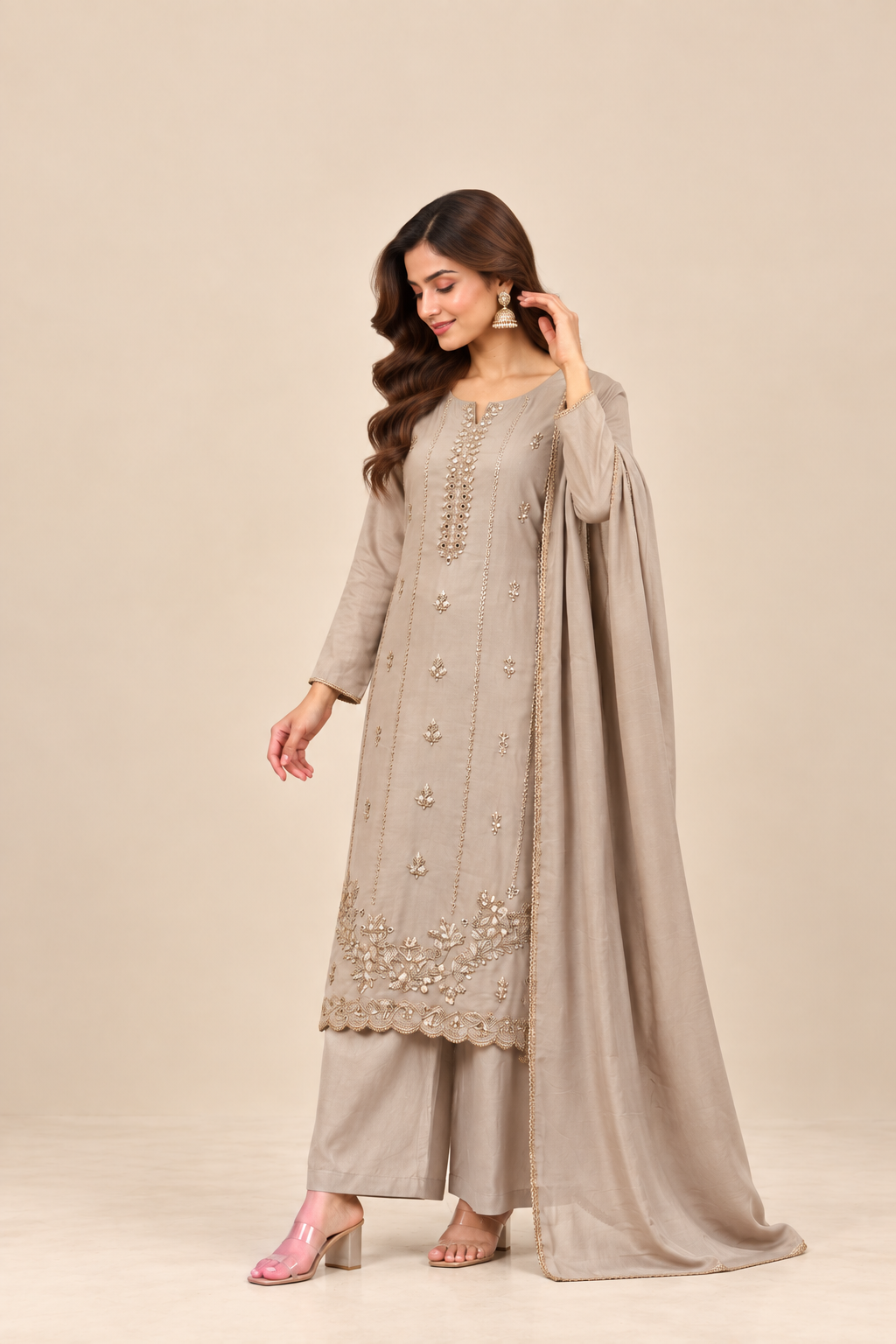 Taupe Sequin Embroidered 3-Piece Kurti Set | GLAN VIOR