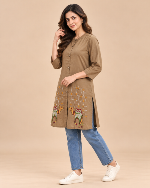 Beige Textured Button-Front Short Top
