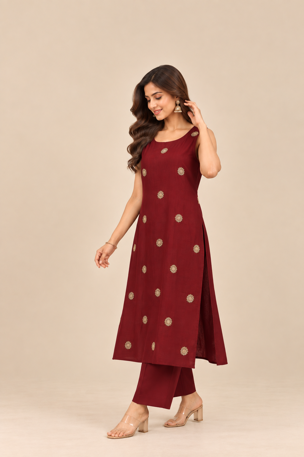 Wine Embroidered Two-Piece Kurti Set
