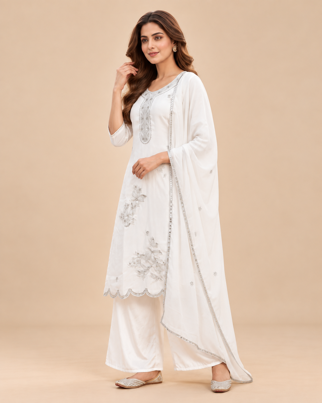 Ivory Elegance Embroidered 3-Piece Kurti Set