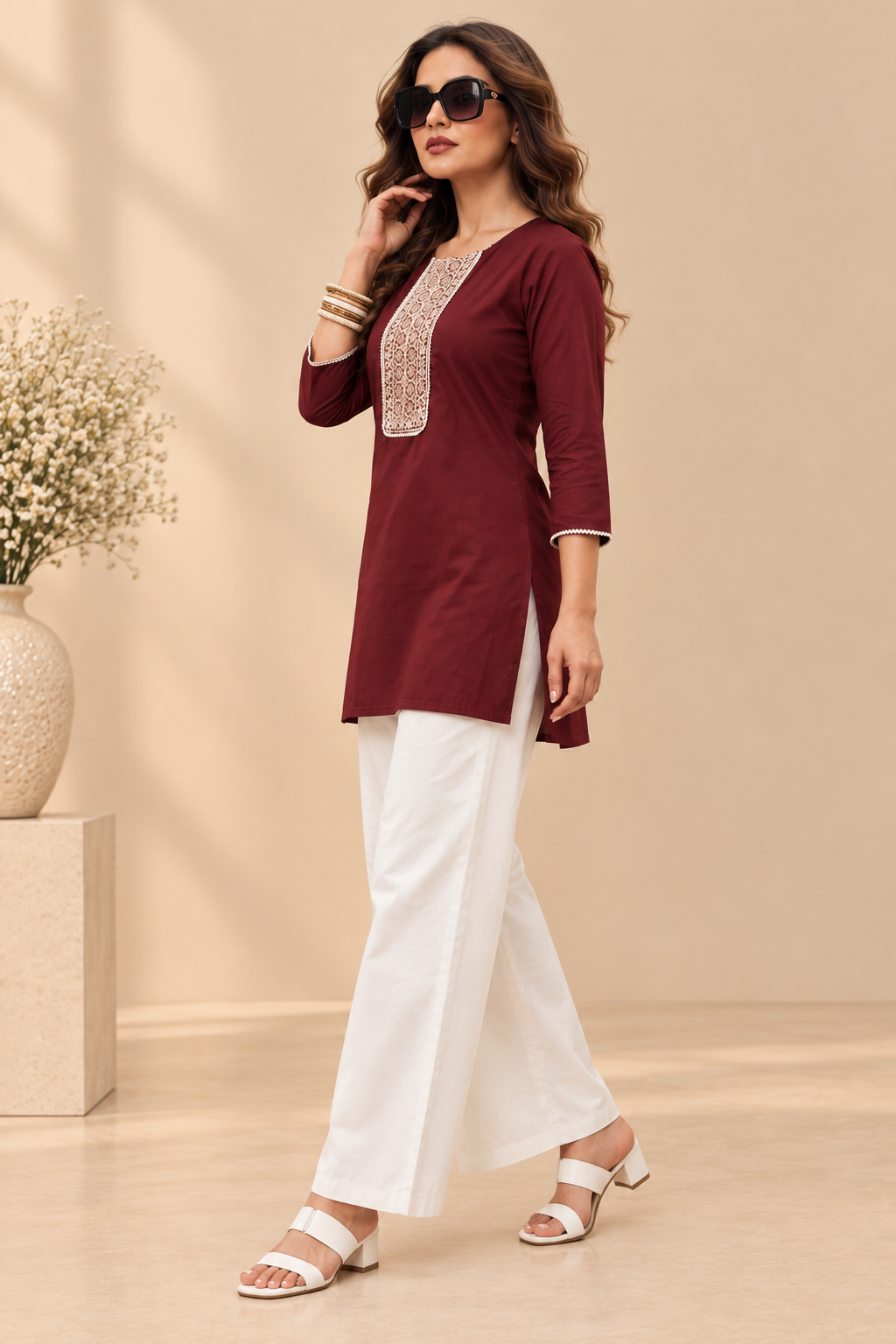 Embroidered Cotton Short Top & Palazzo Co-Ord Set – Wine