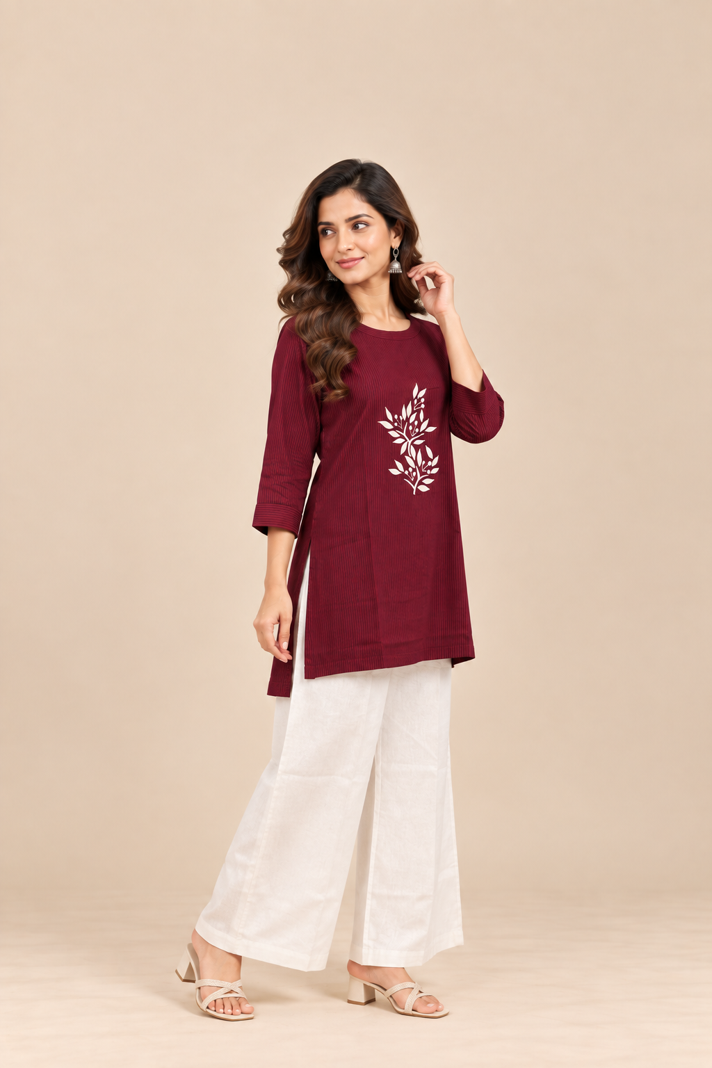 Maroon Embroidered Top & White Pant Co-Ord Set