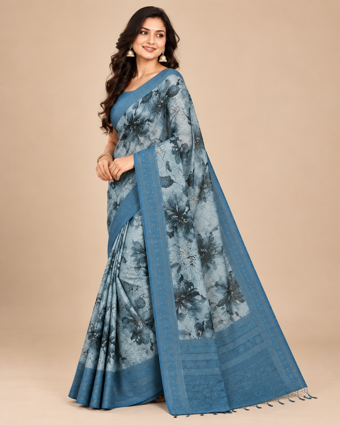 Misty Bloom Sage Grey Raw Silk Saree