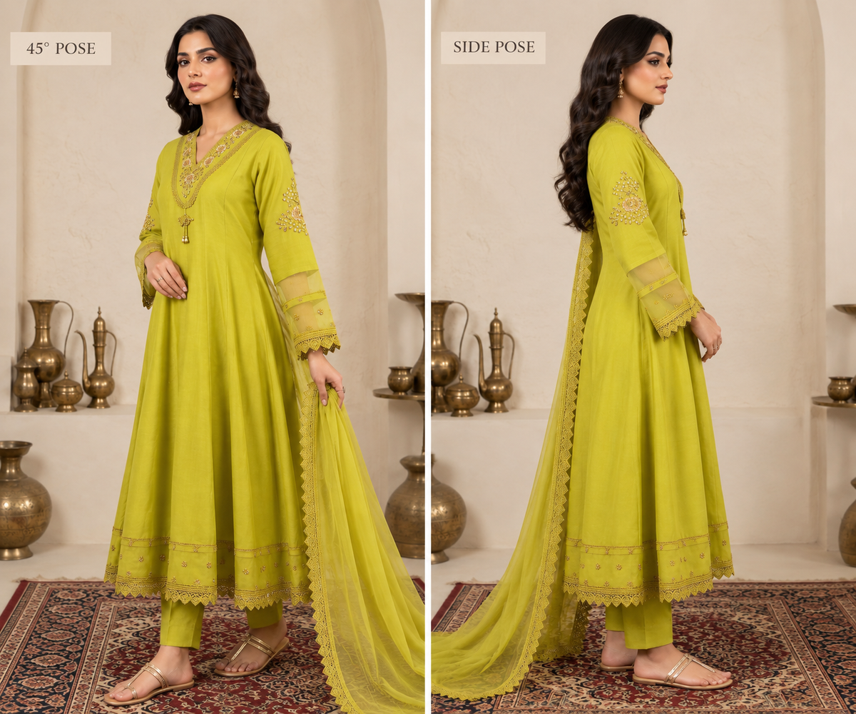 Lime Green Embroidered 3-Piece Kurti Set