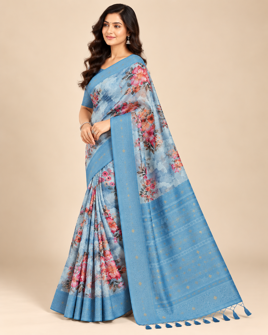 Misty Bloom Light Blue Raw Silk Saree