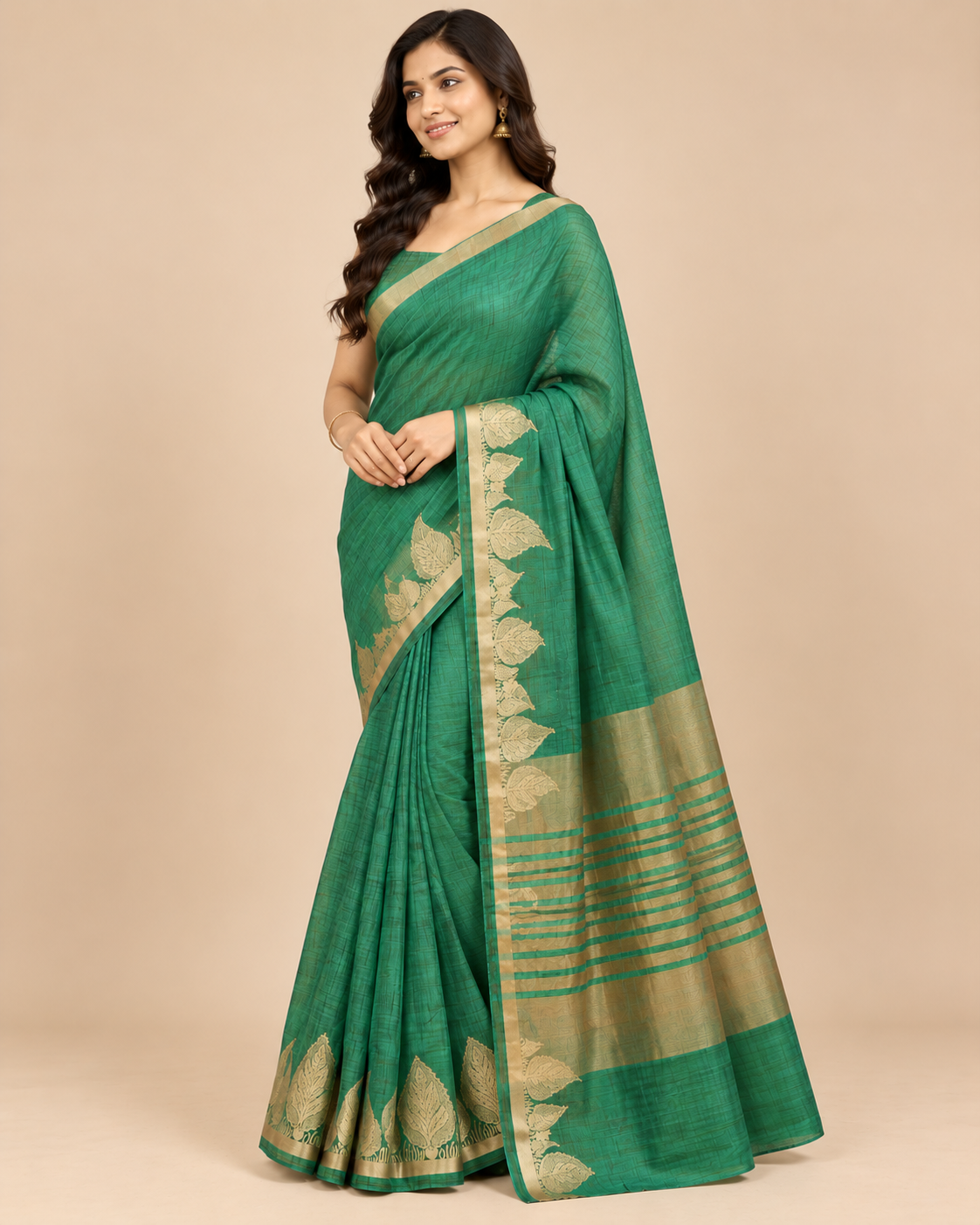 Teal Green Gold Raw Silk Saree