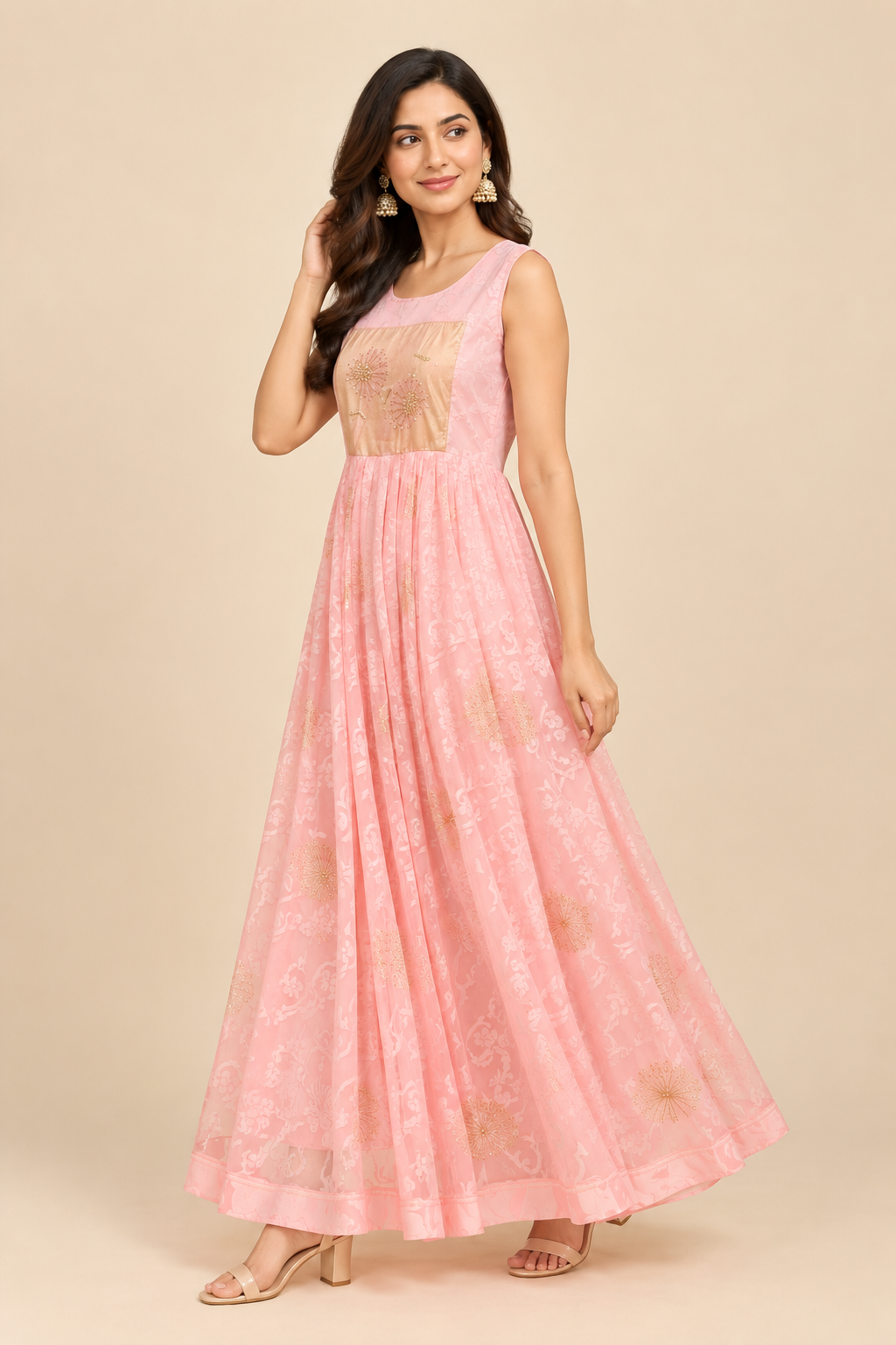 Blush Pink Floral Embroidered Dress Set