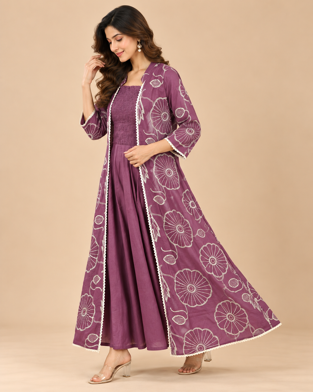 Mauve Floral Belted Midi Dress