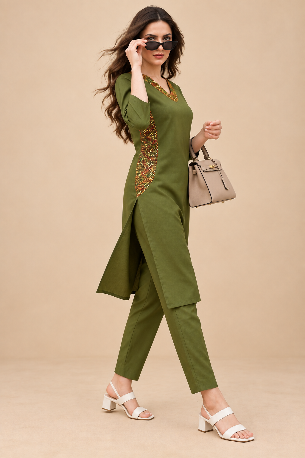 Olive Green Embroidered Kurta & Pant Set