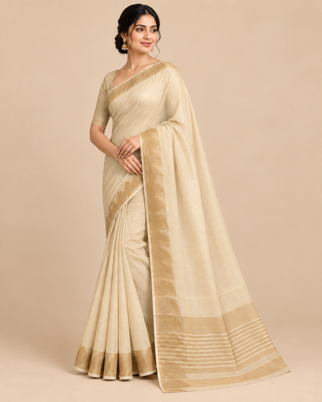 Ivory Gold Paisley Raw Silk Saree