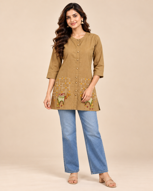 Beige Textured Button-Front Short Top