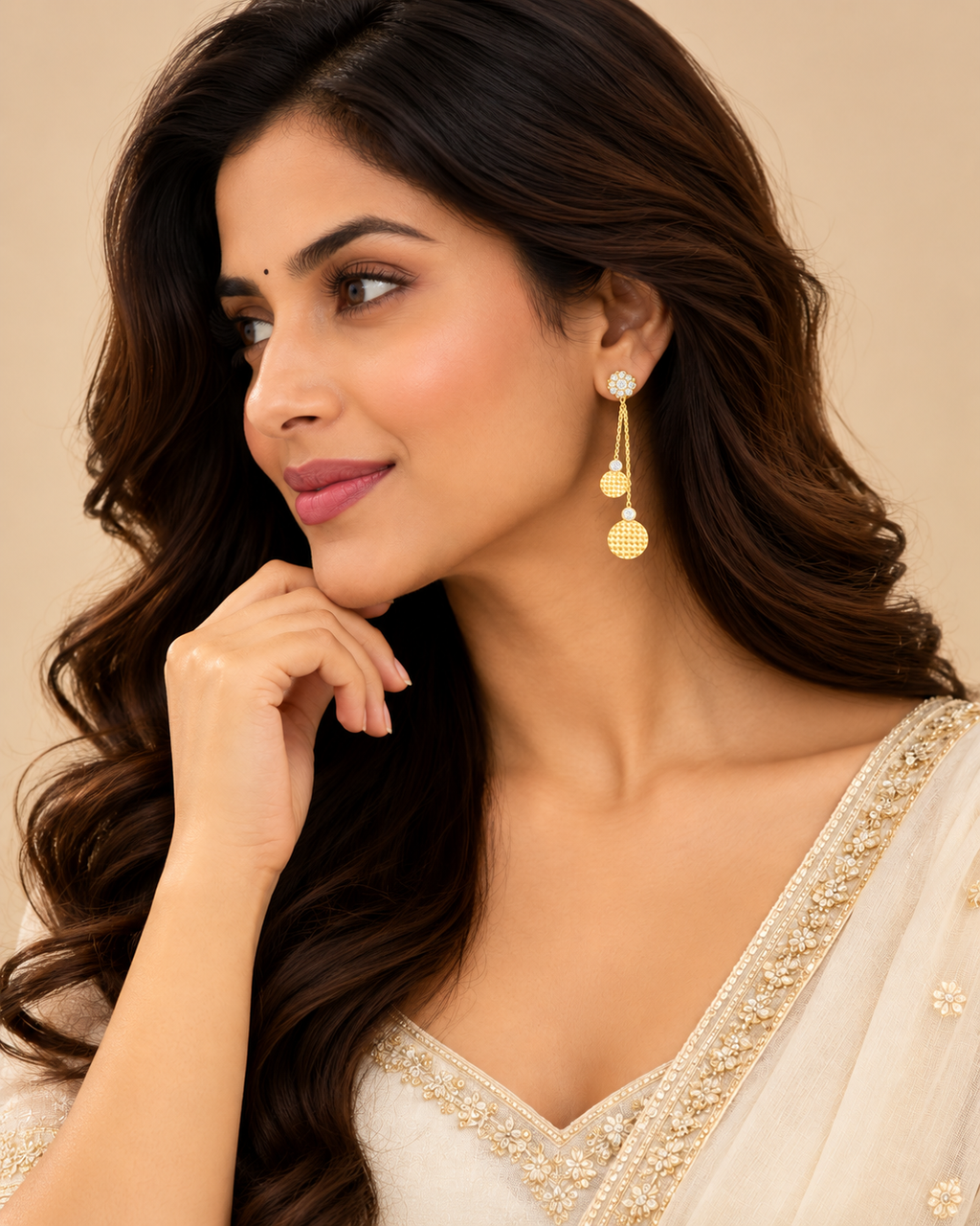 Gold Textured Double Drop Earrings with Crystal Floral Studs