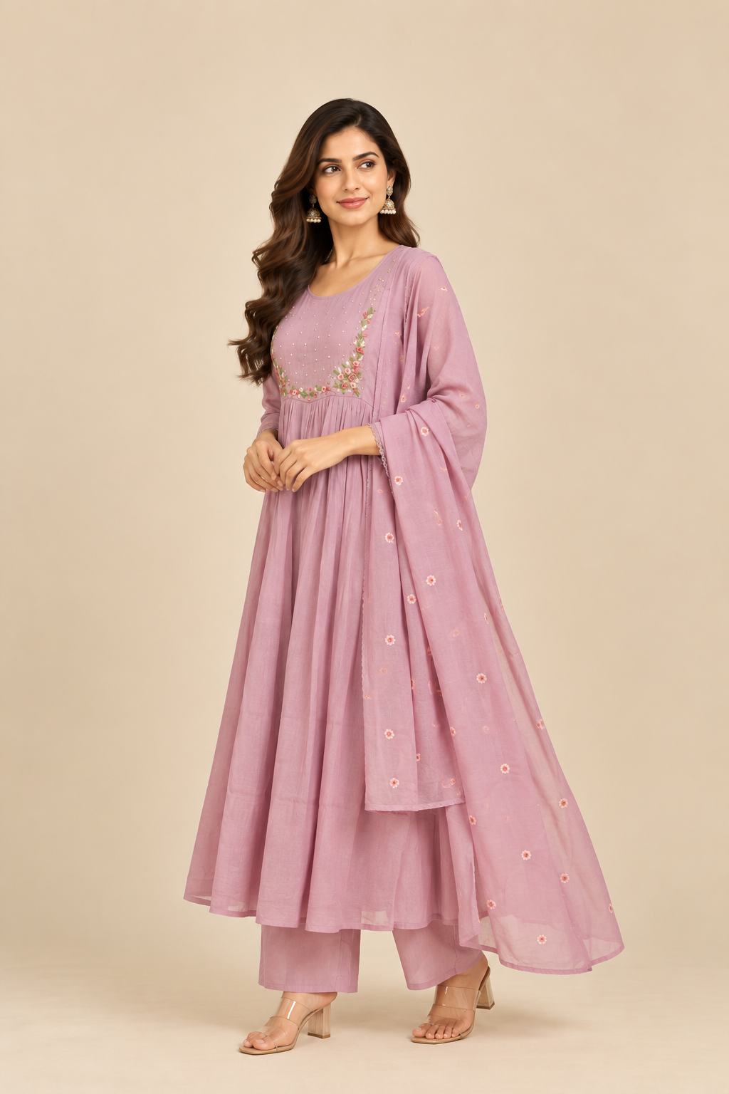 Lavender Embroidered Chanderi 3-Piece Kurti Set