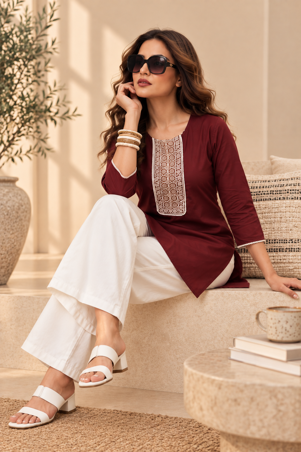 Embroidered Cotton Short Top & Palazzo Co-Ord Set – Wine