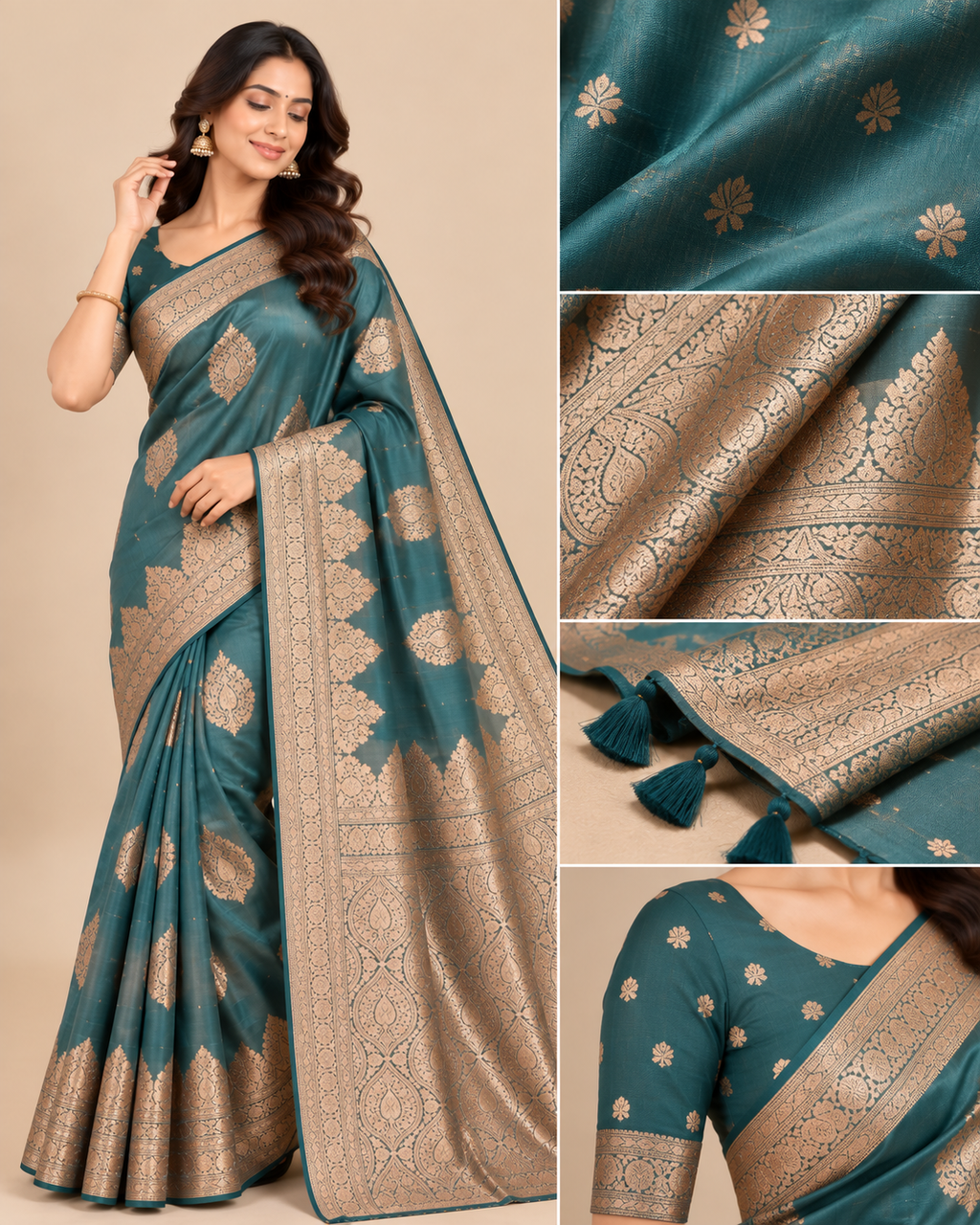 Teal Heritage Zari Raw Silk Saree