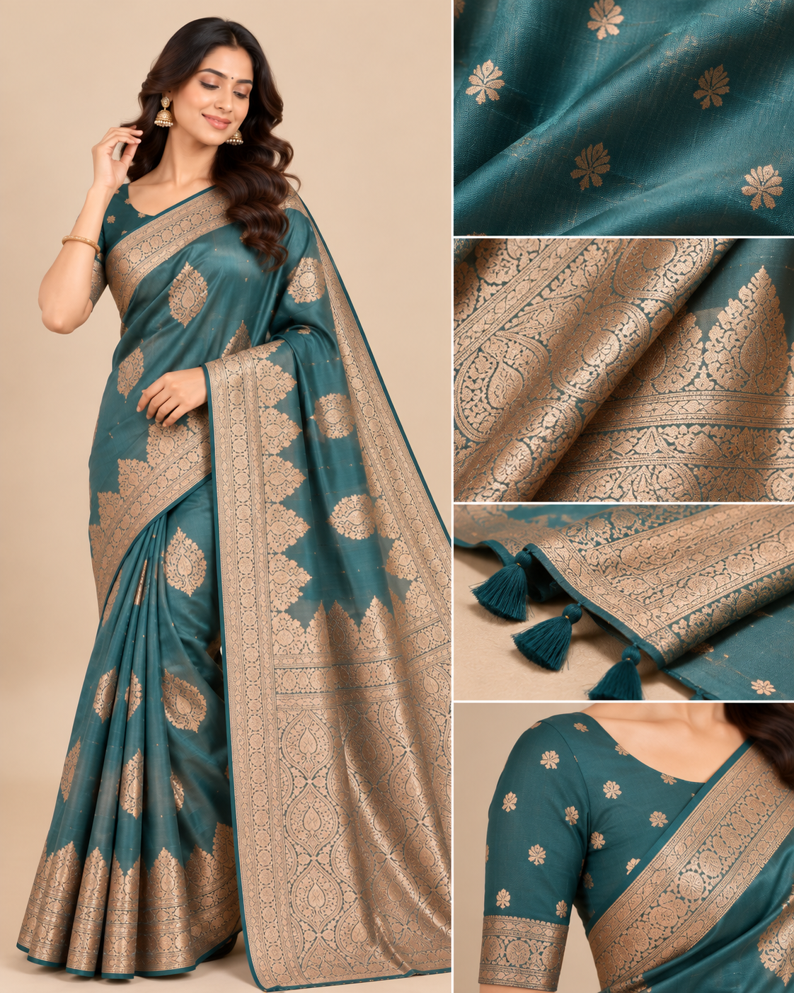 Teal Heritage Zari Raw Silk Saree