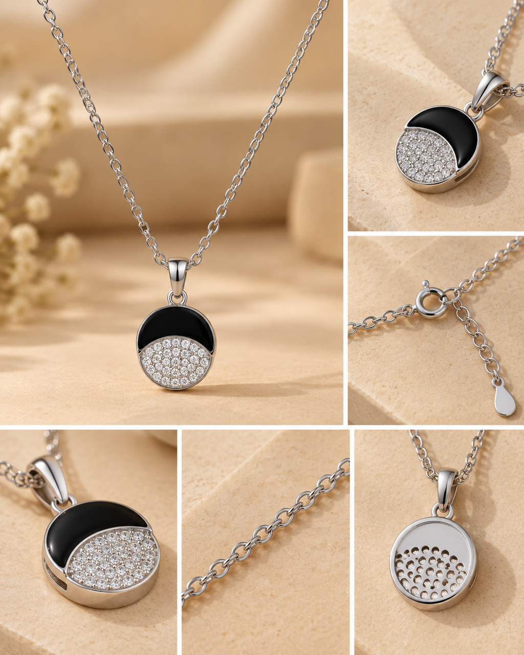 Silver Black & Crystal Half-Moon Pendant Necklace