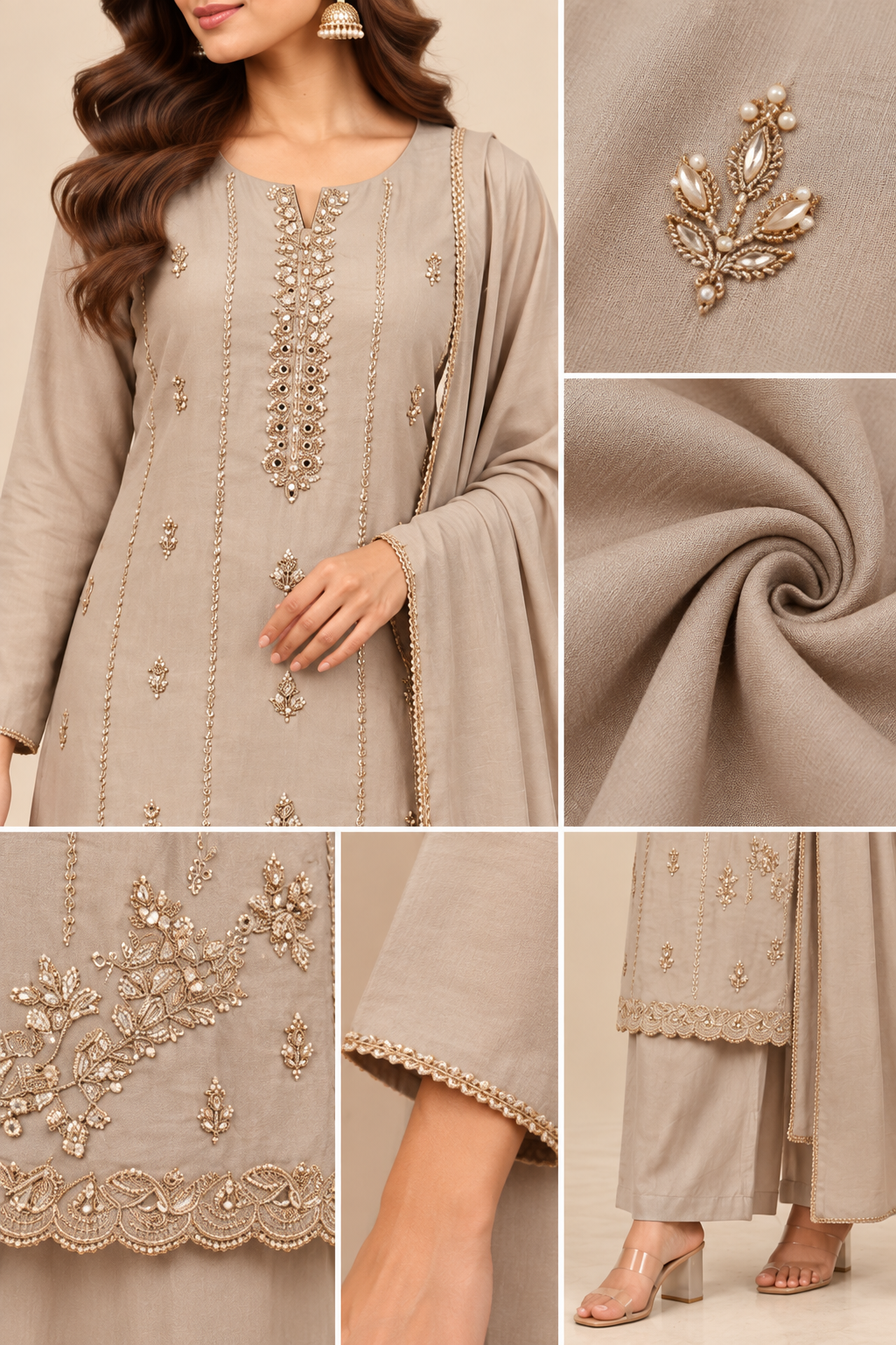 Taupe Sequin Embroidered 3-Piece Kurti Set | GLAN VIOR