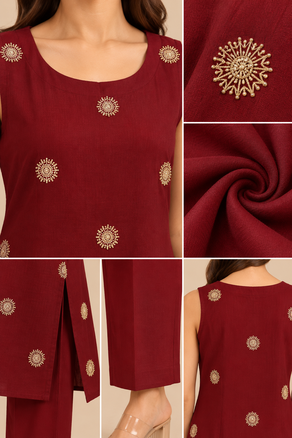 Wine Embroidered Two-Piece Kurti Set
