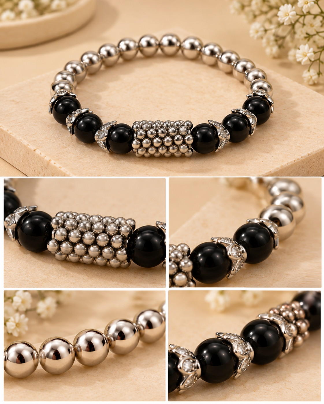 Black Onyx & Silver Beaded Bracelet