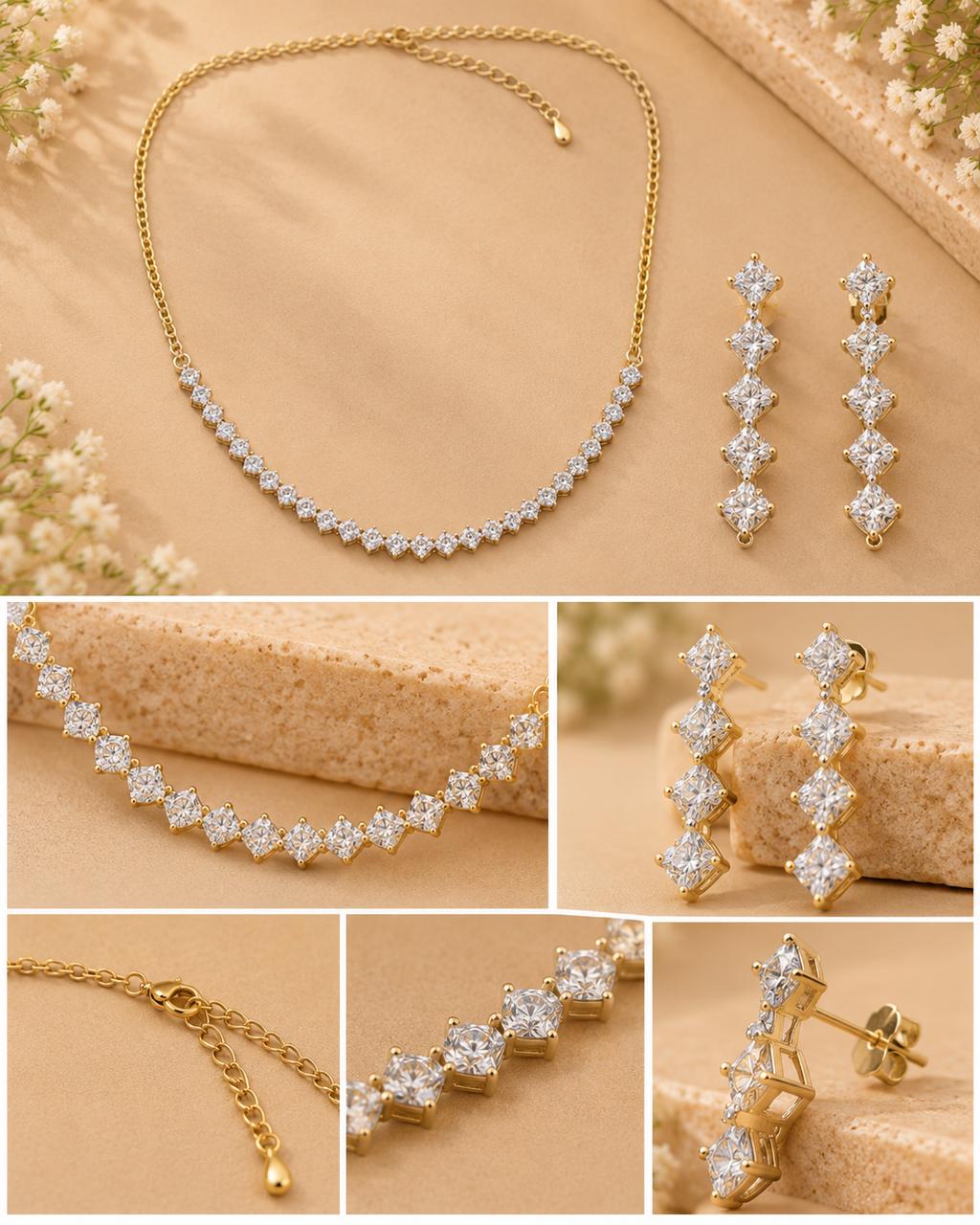 Gold-Tone Crystal Square Necklace & Drop Earrings Set
