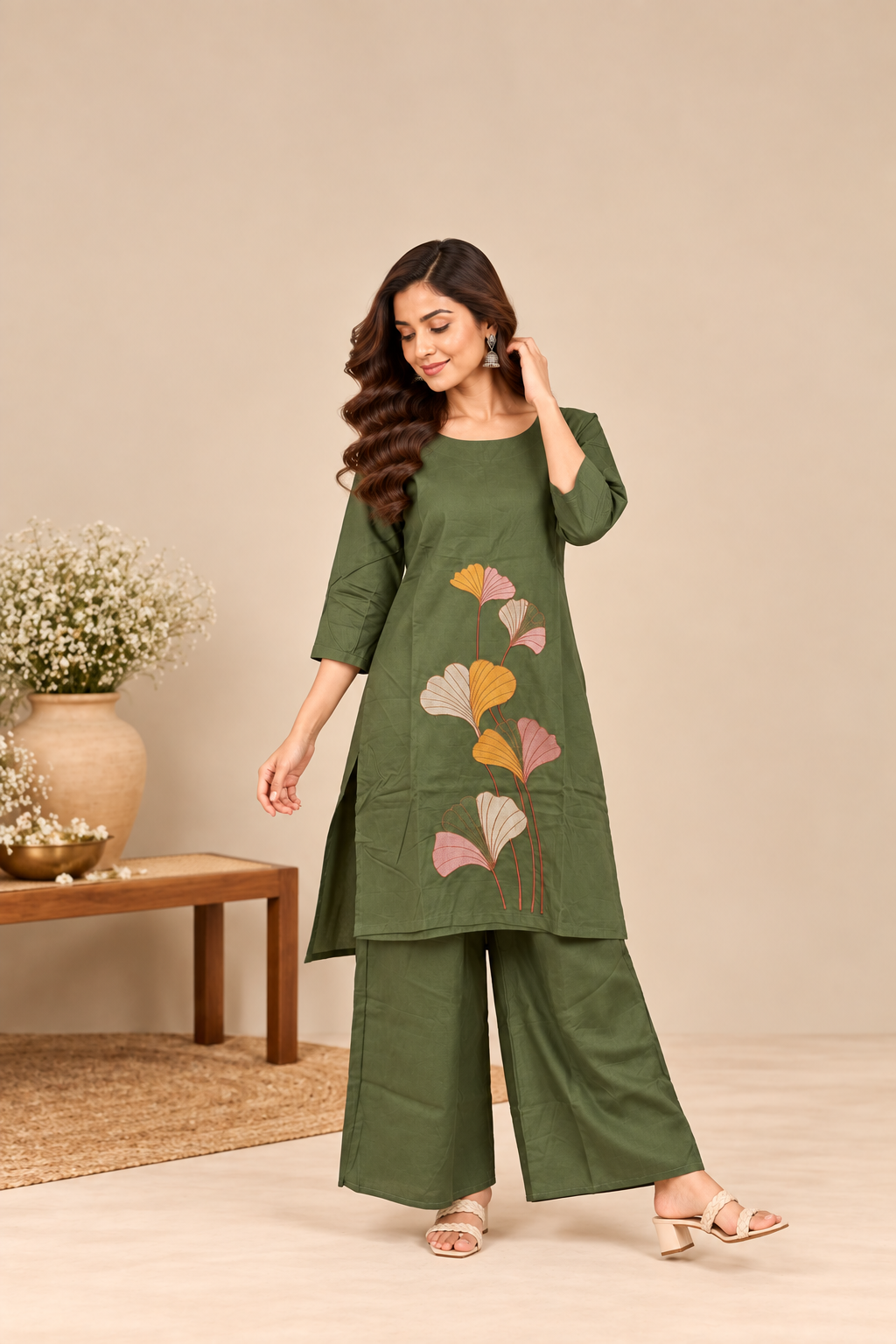 Sage Green Floral Embroidered Two-Piece Kurti Set