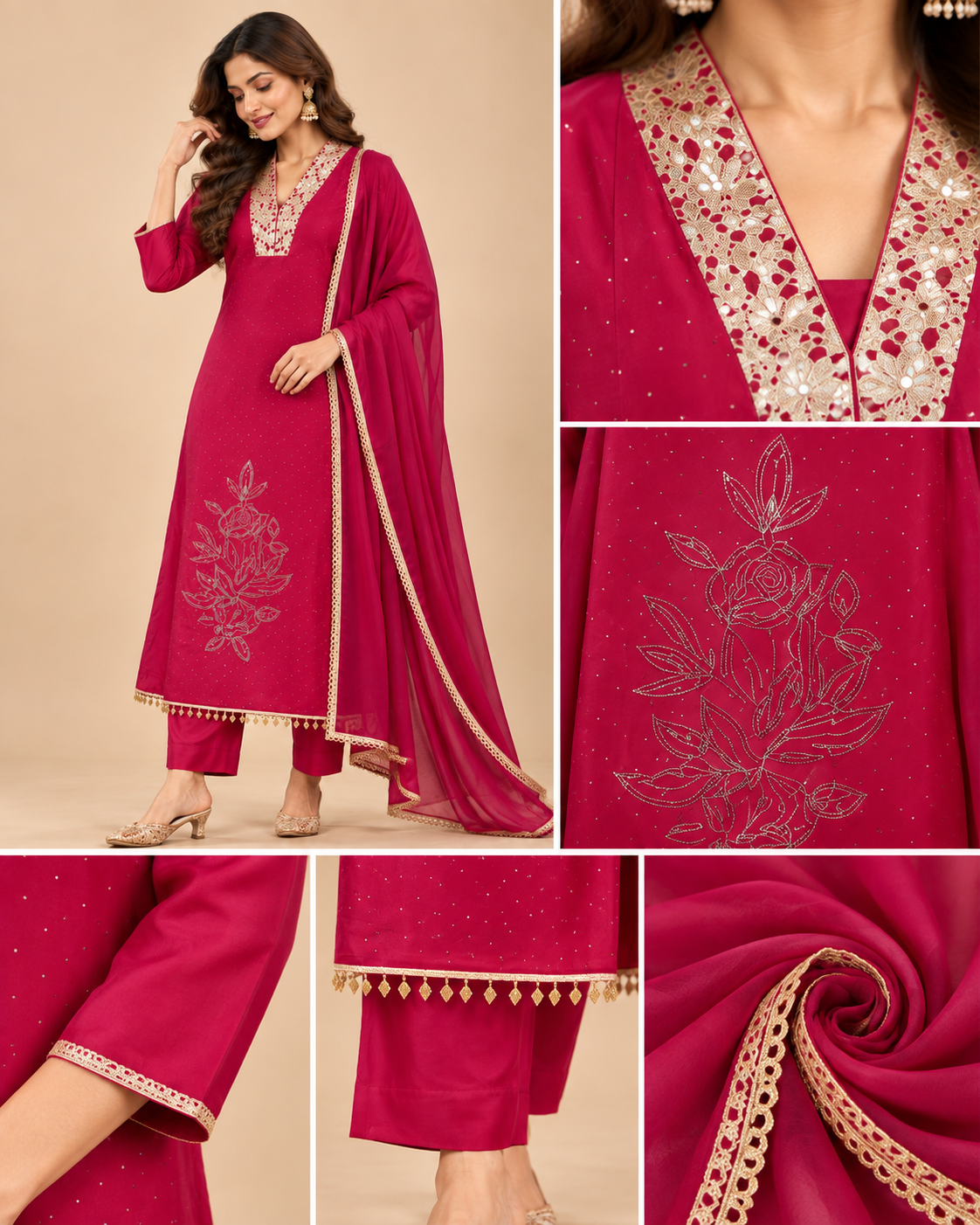 Magenta Gold Embroidered 3-Piece Kurti Set