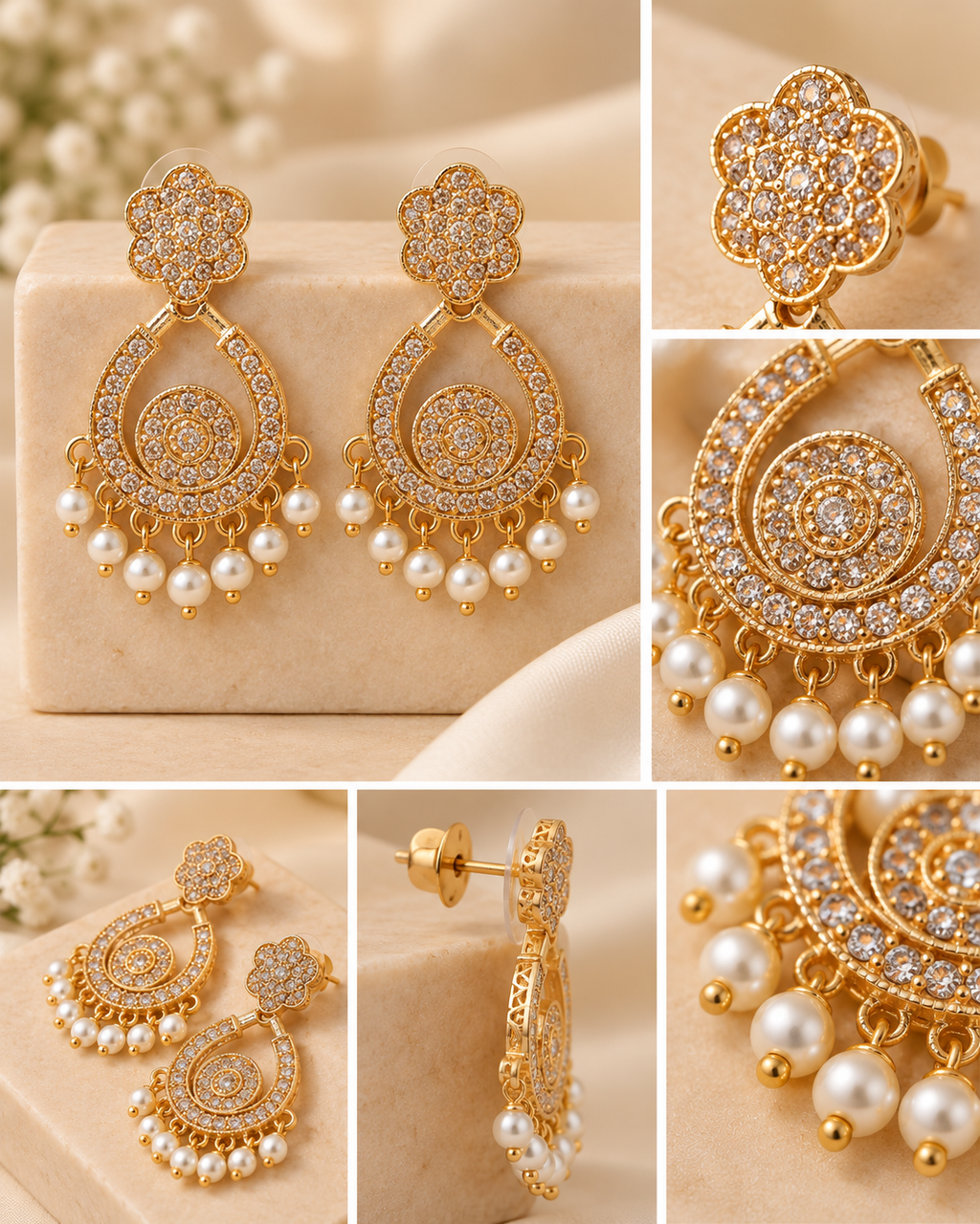 Gold Kundan Pearl Chandbali Earrings