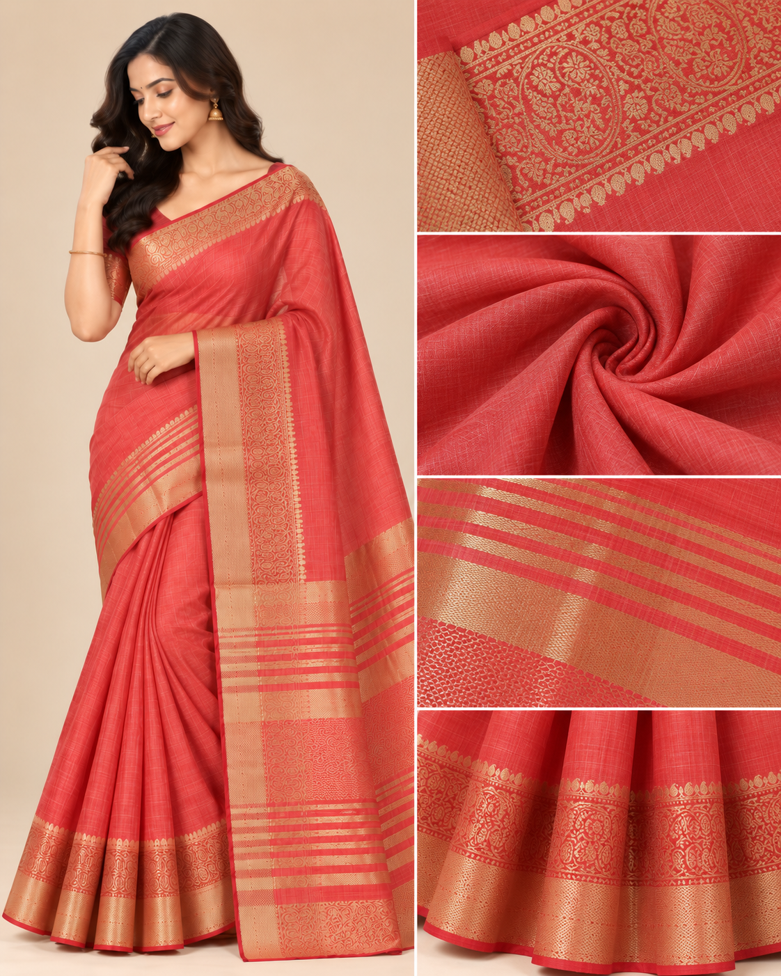Camel Beige Gold Raw Silk Saree