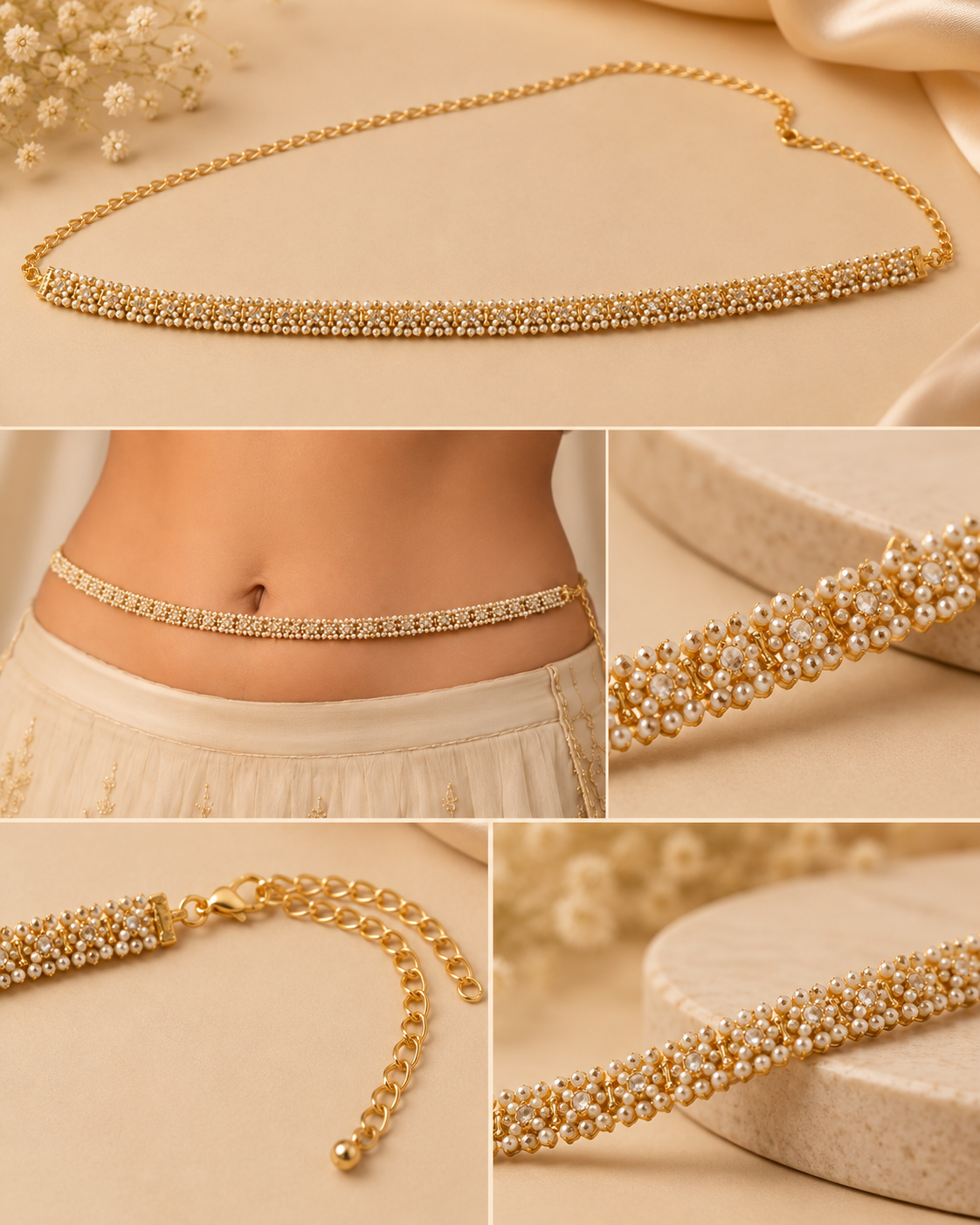 Gold Pearl & Crystal Kamarband – Elegant Waist Chain