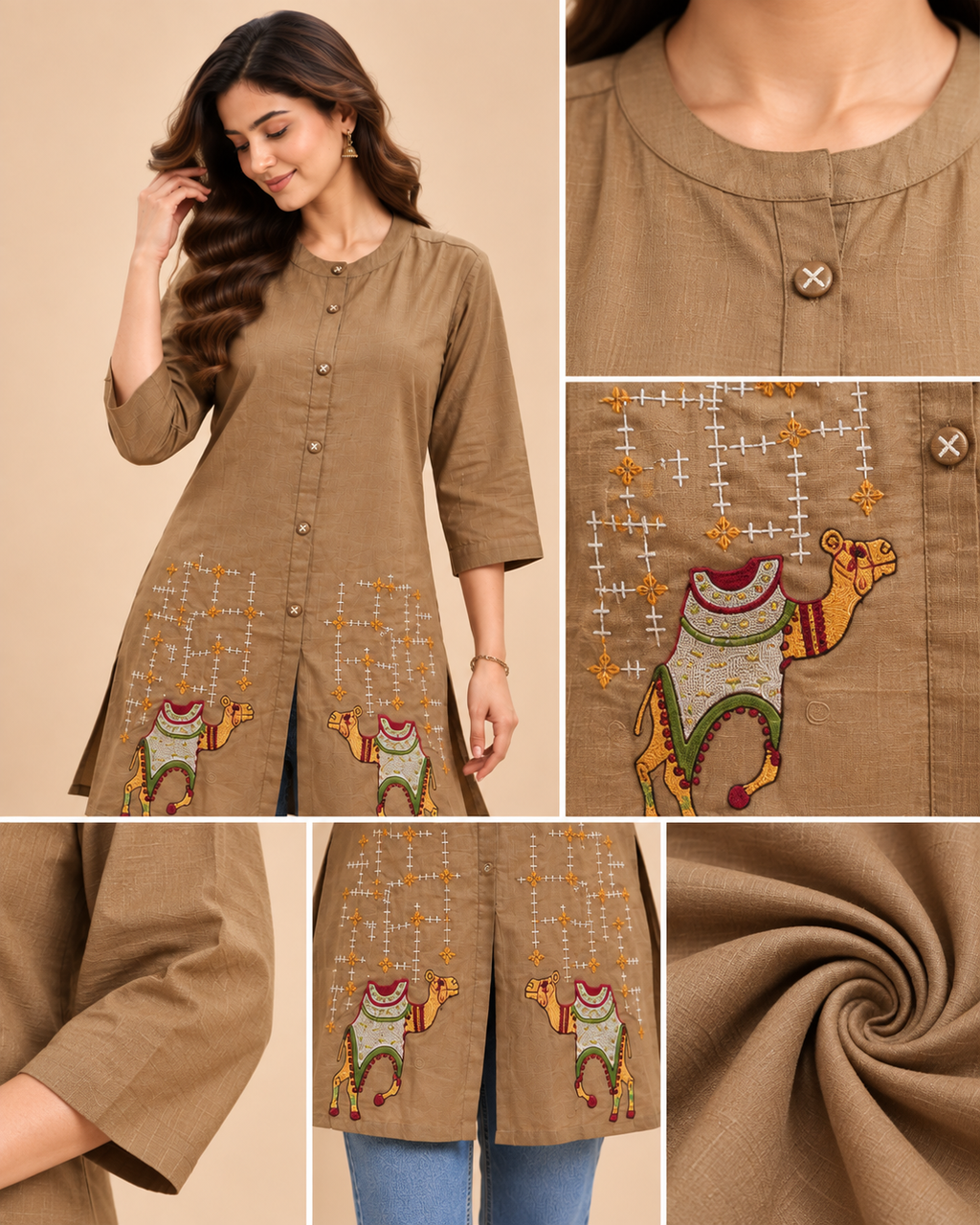 Beige Textured Button-Front Short Top
