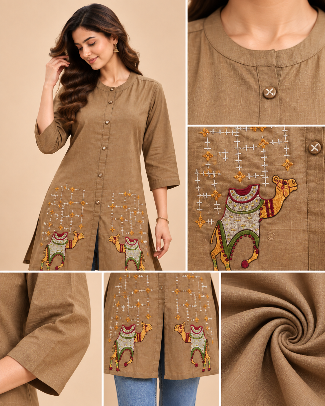 Beige Textured Button-Front Short Top