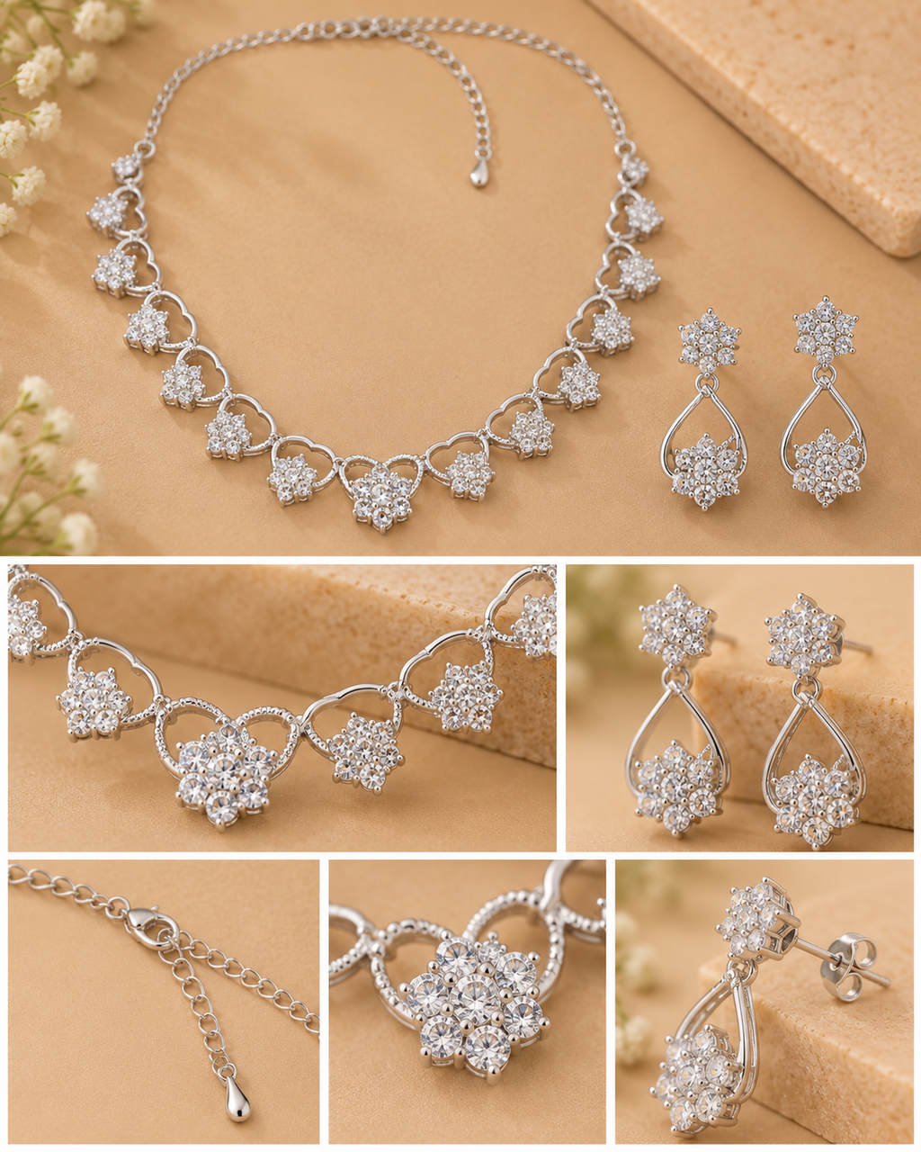 Silver Floral Crystal Necklace & Drop Earrings Set