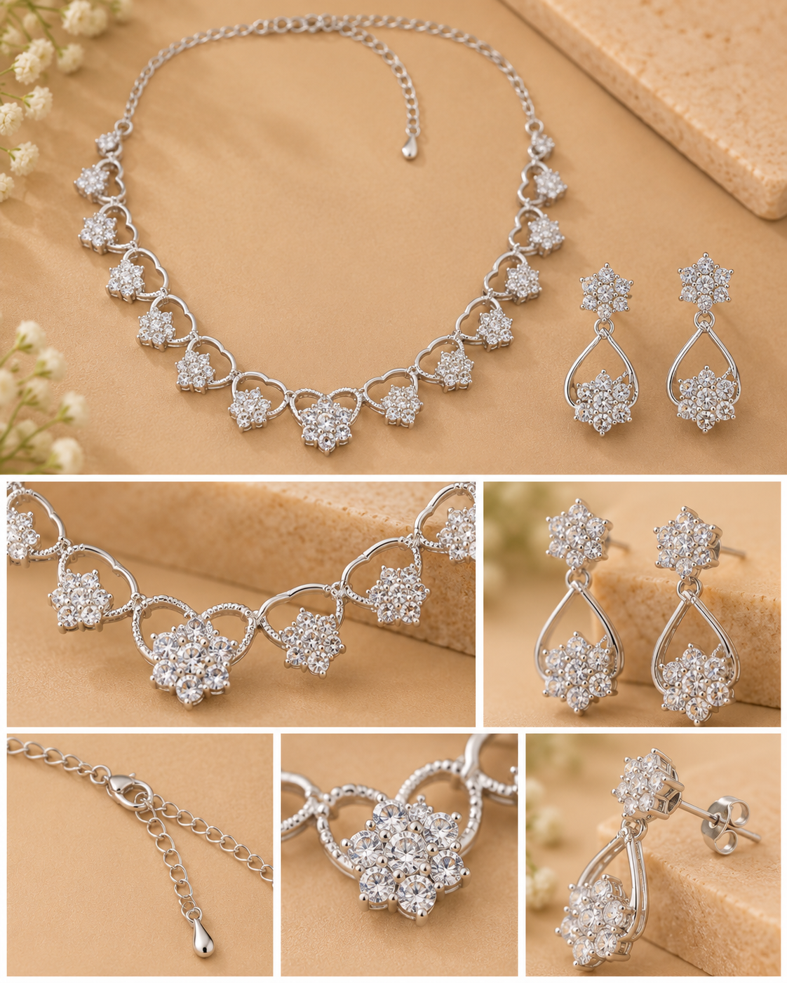 Silver Floral Crystal Necklace & Drop Earrings Set