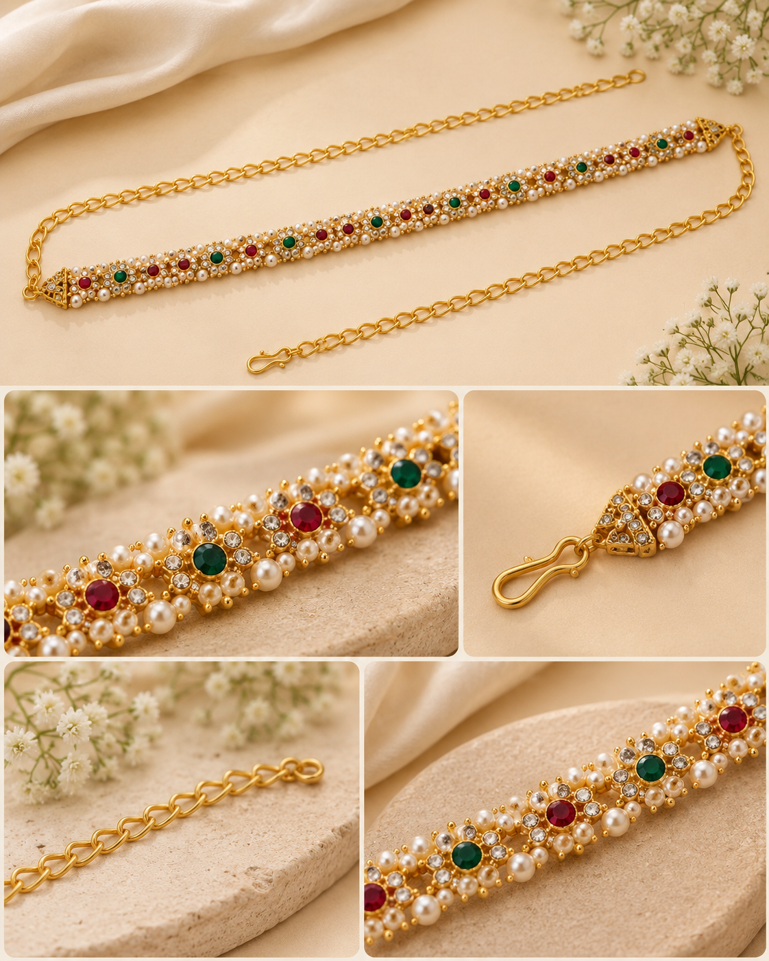 Gold Kundan & Pearl Kamarband – Multicolour Stone Waist Chain