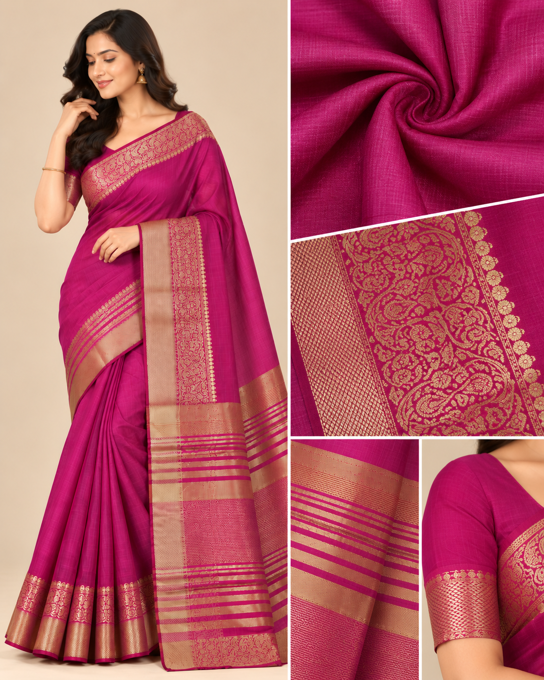 Magenta Pink Gold Zari Raw Silk Saree