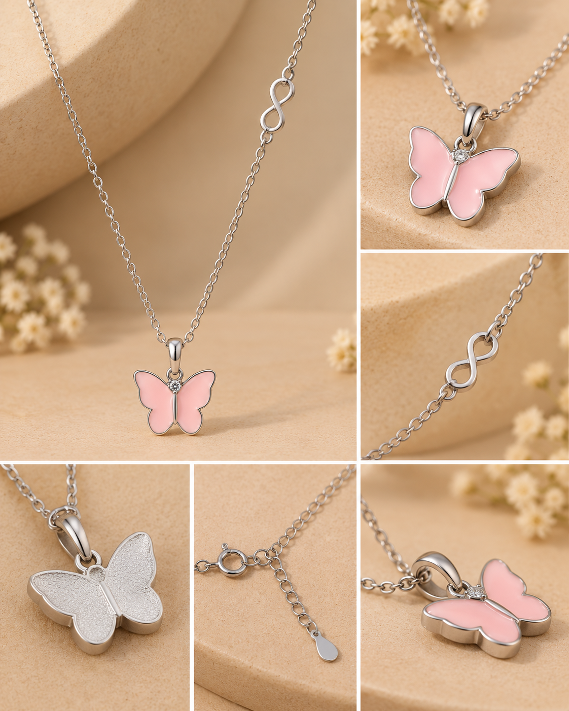 Silver Butterfly Pink Enamel Pendant Necklace