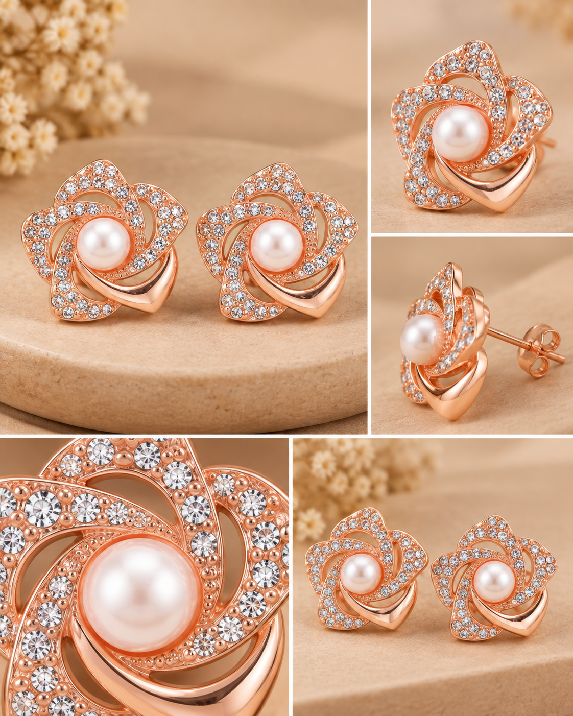 Rose Gold Floral Pearl & Crystal Stud Earrings