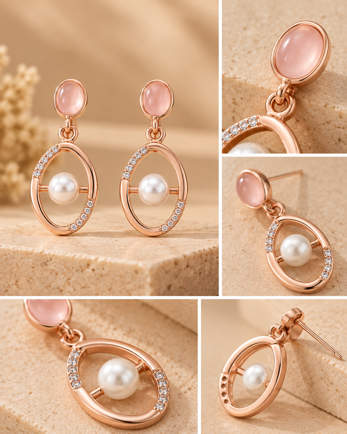 Rose Gold Pearl & Crystal Oval Drop Earrings