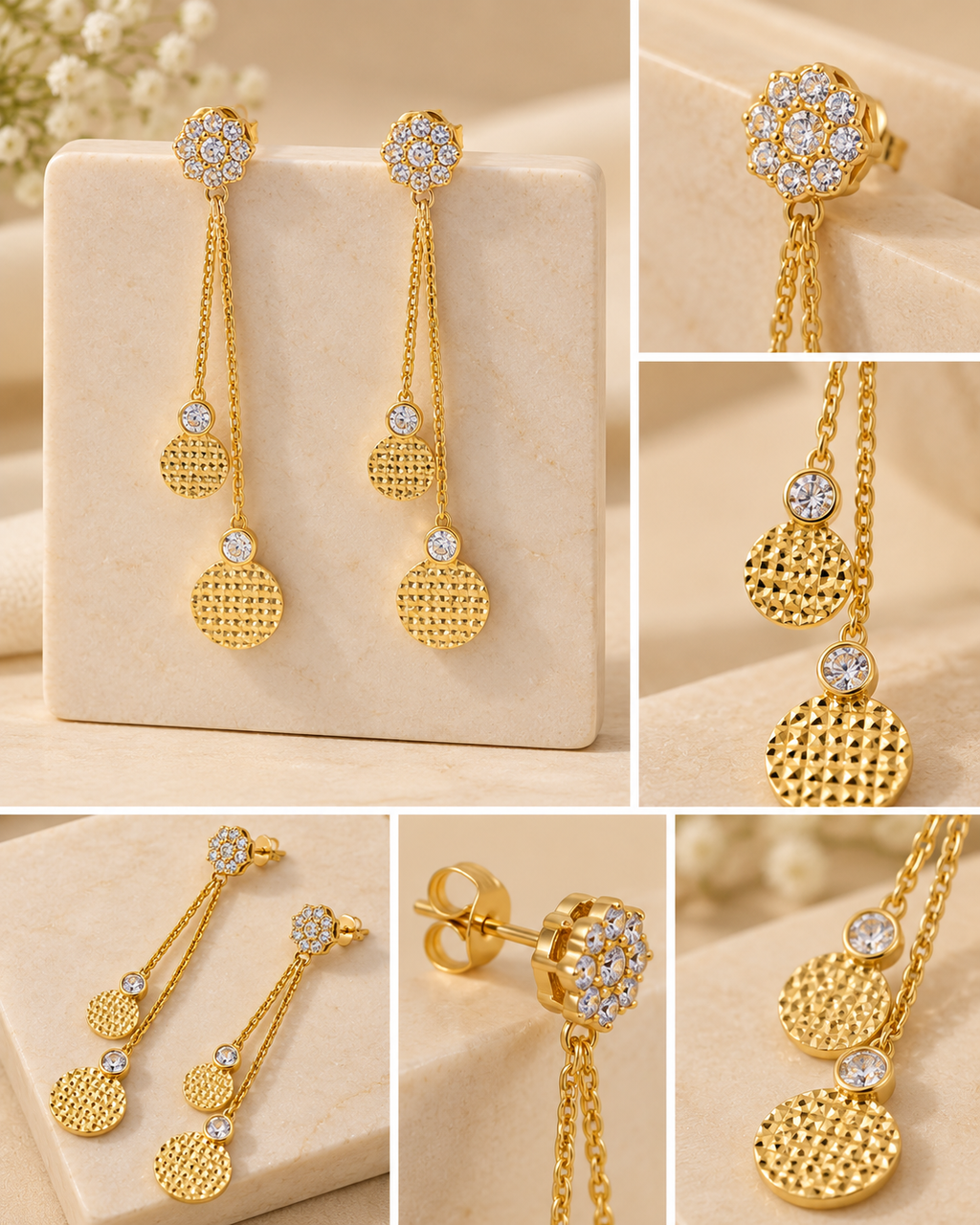 Gold Textured Double Drop Earrings with Crystal Floral Studs
