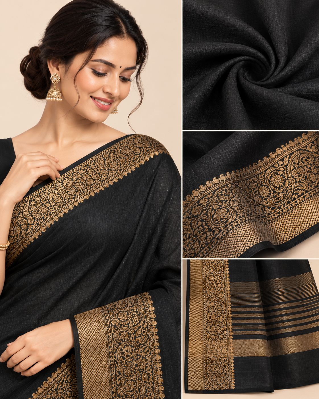 Charcoal Black Gold Raw Silk Saree