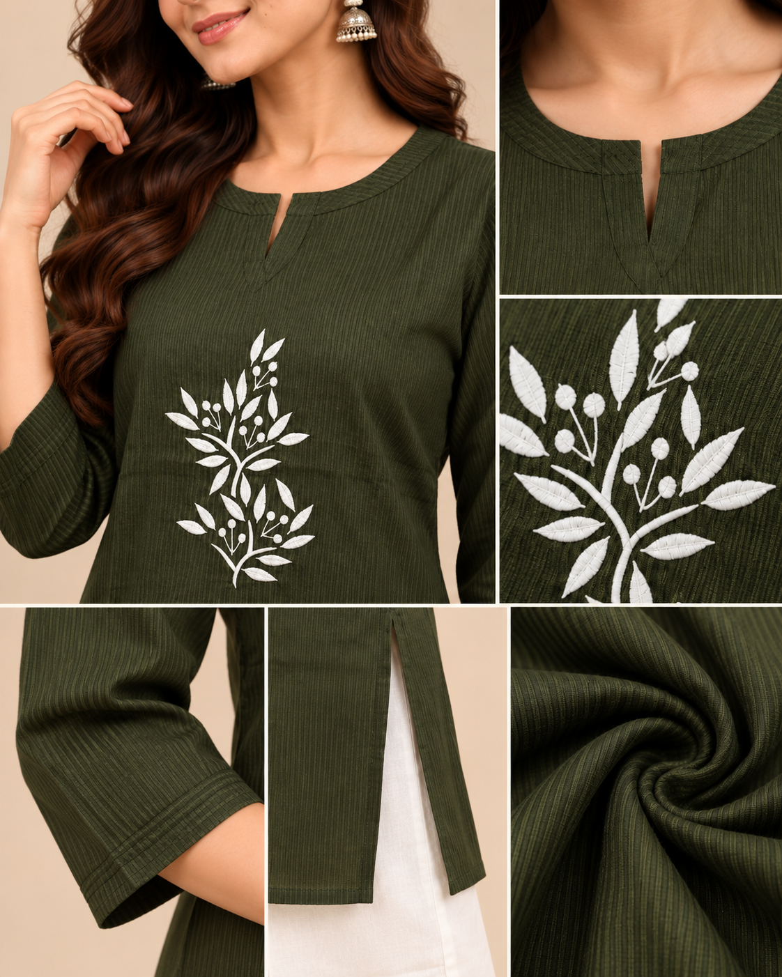 Olive Green Embroidered Top & White Pant Co-Ord Set