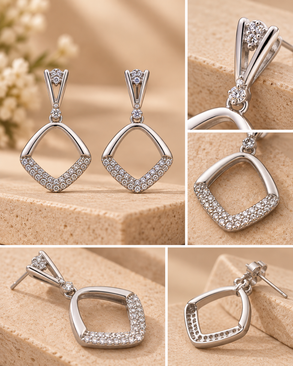 Silver Geometric Crystal Drop Earrings