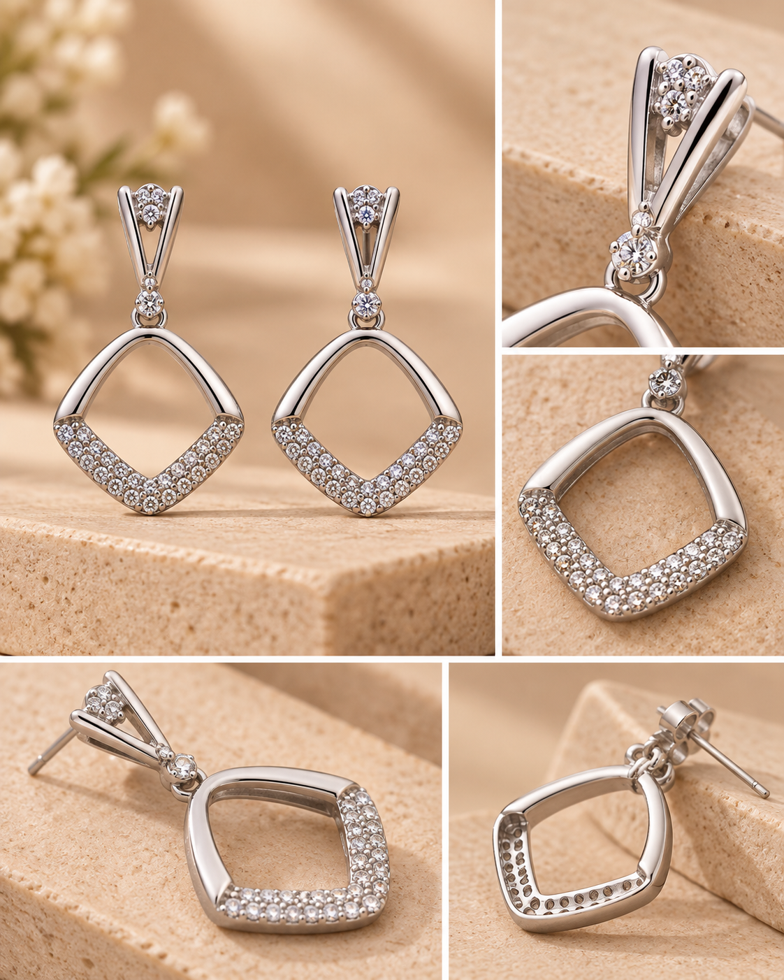 Silver Geometric Crystal Drop Earrings