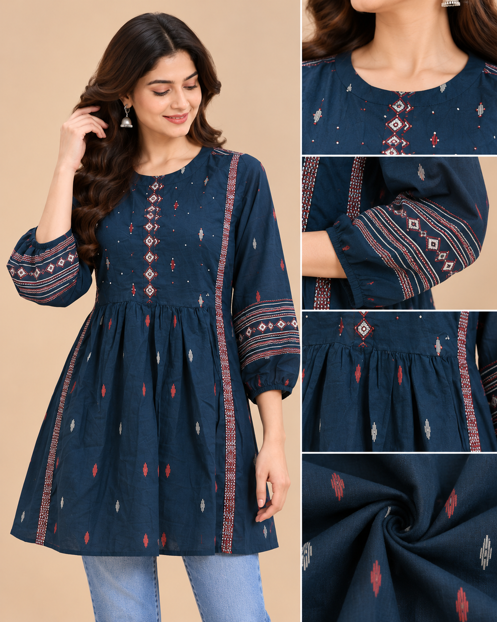 Navy Embroidered Embellished Short Top