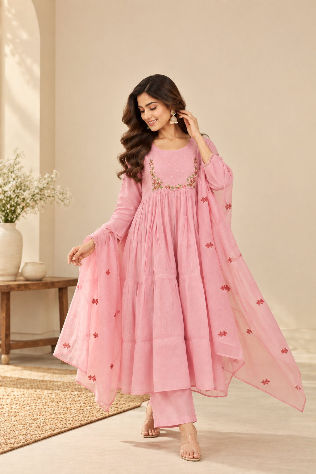 Mauve Embroidered Chanderi 3-Piece Kurti Set