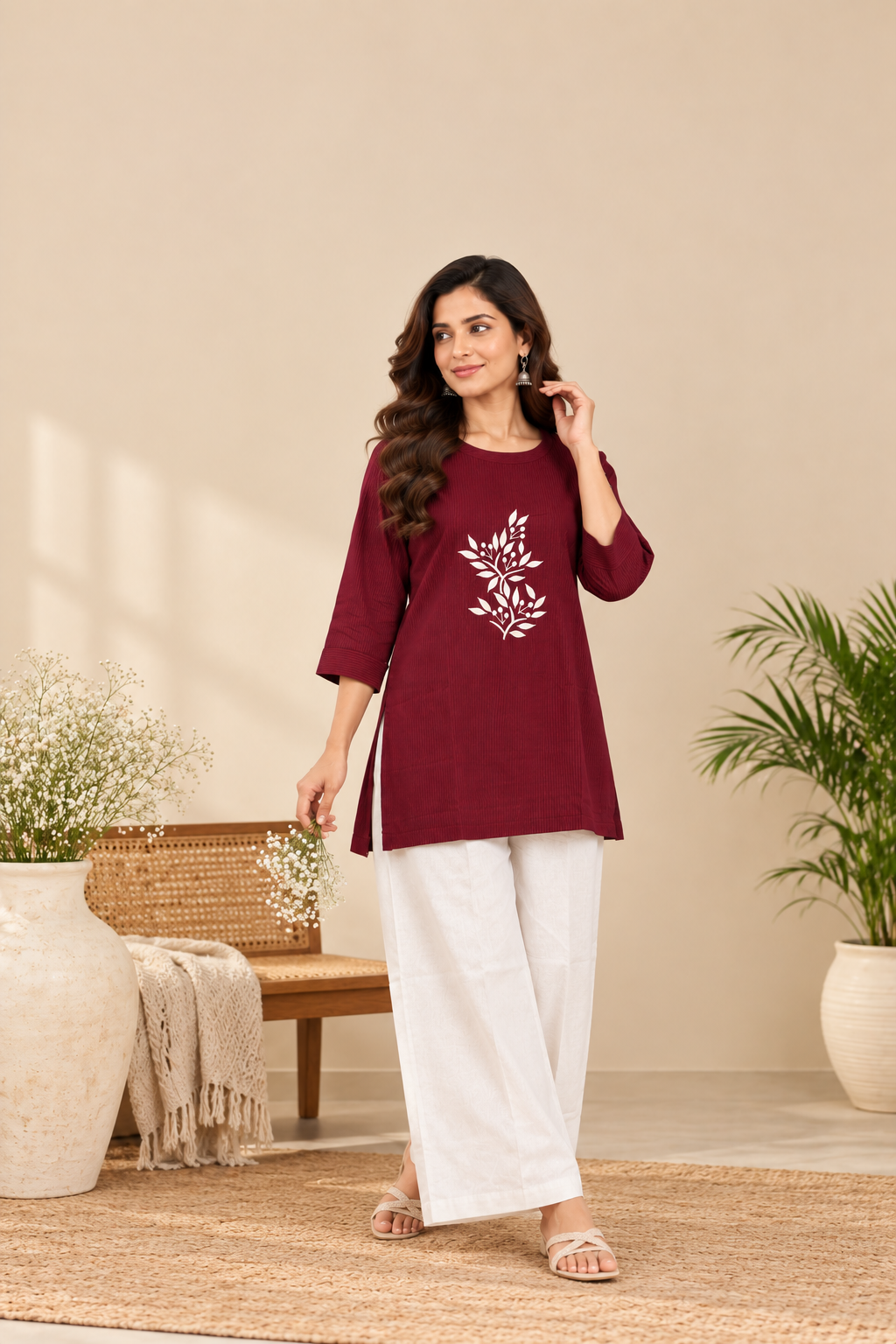 Maroon Embroidered Top & White Pant Co-Ord Set