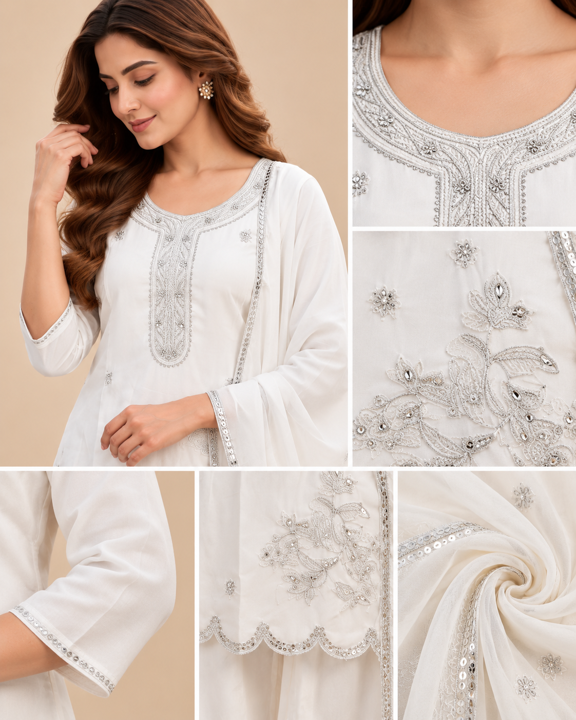 Ivory Elegance Embroidered 3-Piece Kurti Set