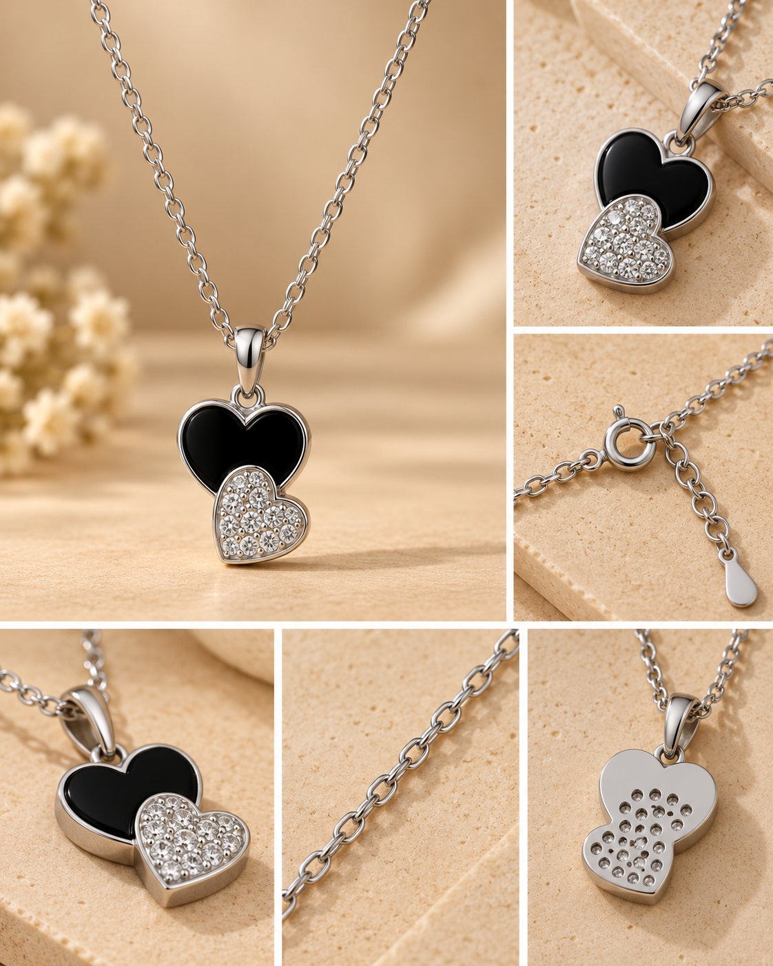 Silver Black & Crystal Double Heart Pendant Necklace